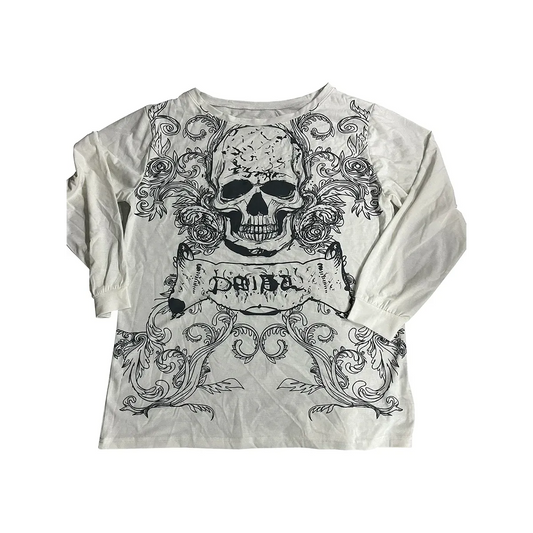 Skull Print Long Sleeve T-Shirt – Grunge Y2K Punk Pullover Top - Best Sellers - Long - Round - T-Shirts - 8
