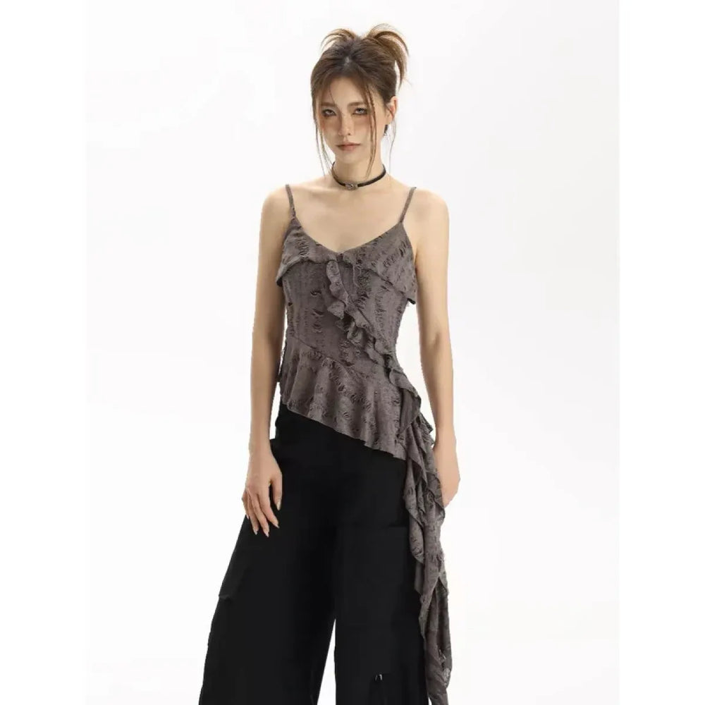 Asymmetrical Ruffle Tank Top – Grunge Y2K Punk Streetwear - Best Sellers - Sleeveless - V-neck - Tank Tops - 1