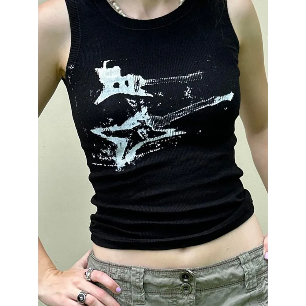 Guitar Print Tank Top - Ribbed Grunge Crop Top - Best Sellers - 1