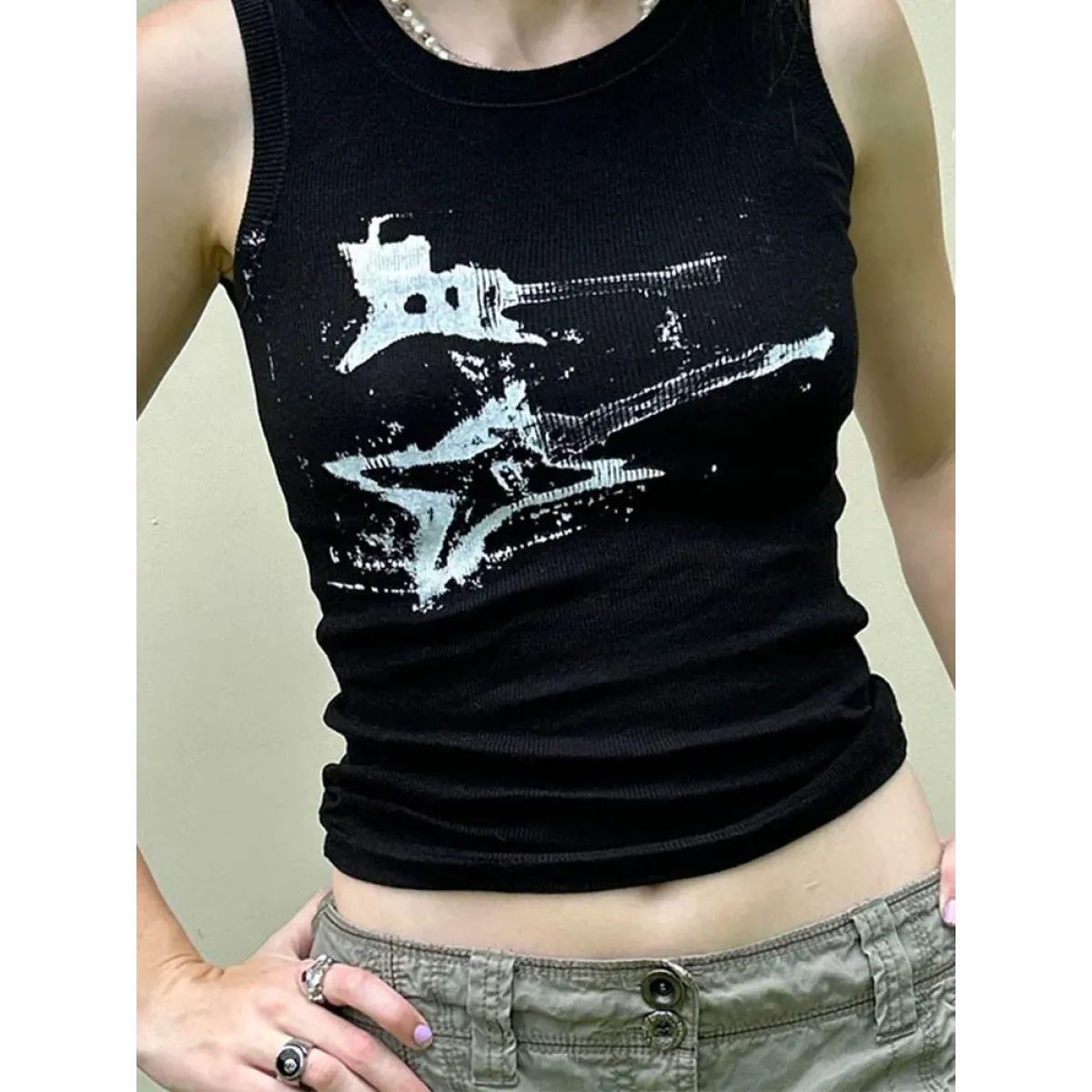 Guitar Print Tank Top - Ribbed Grunge Crop Top - Best Sellers - 1