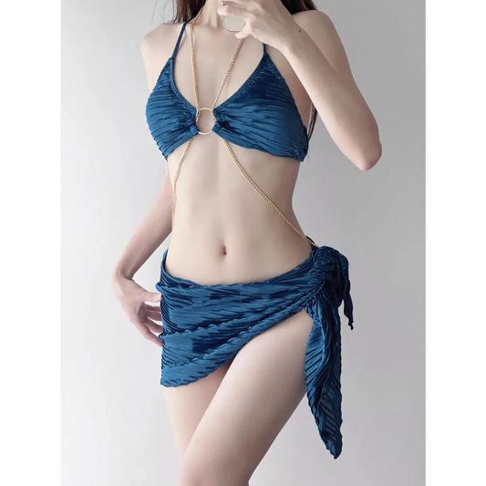 Black Chain Ring Halter Bikini Set – Korean Sexy Swimwear 3PCS Skirt - Best Sellers - Spaghetti strap - Swimwear - 6