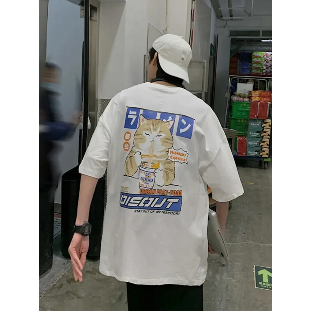 Harajuku Cat Eating Noodles Graphic Tee - Early Spring Collection - Long - Round - Men’s T-Shirts - 1