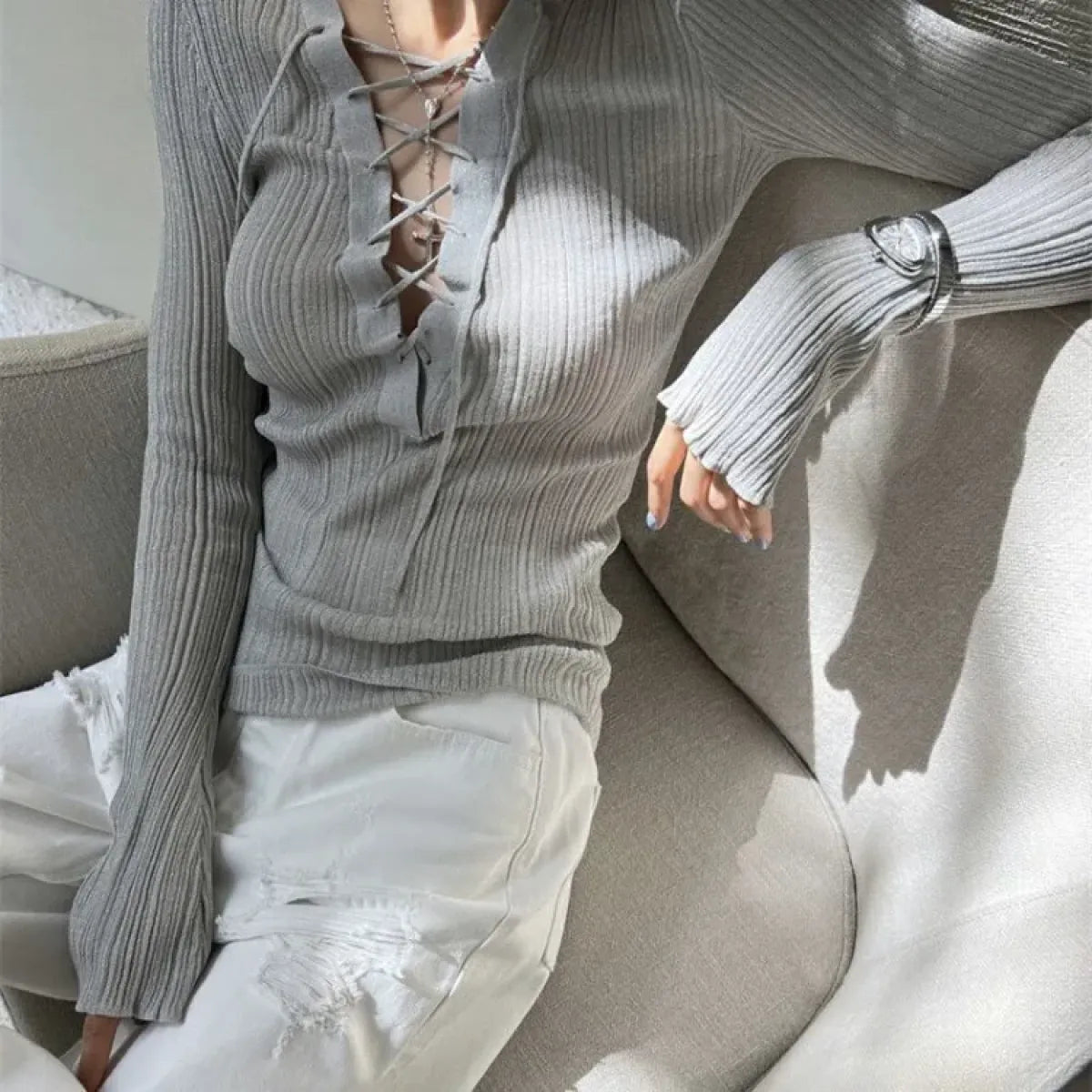 Glitter Lace-Up V-Neck Top – Y2K E-Girl Harajuku Knit Pullover - Best Sellers - Long - V-neck - Tops - 4