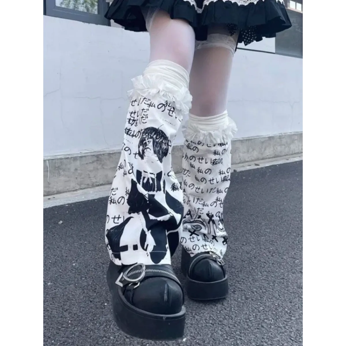 Black & White Harajuku Leg Warmers – Gothic Print & Lace Trim - Best Sellers - Leg Warmers - 5