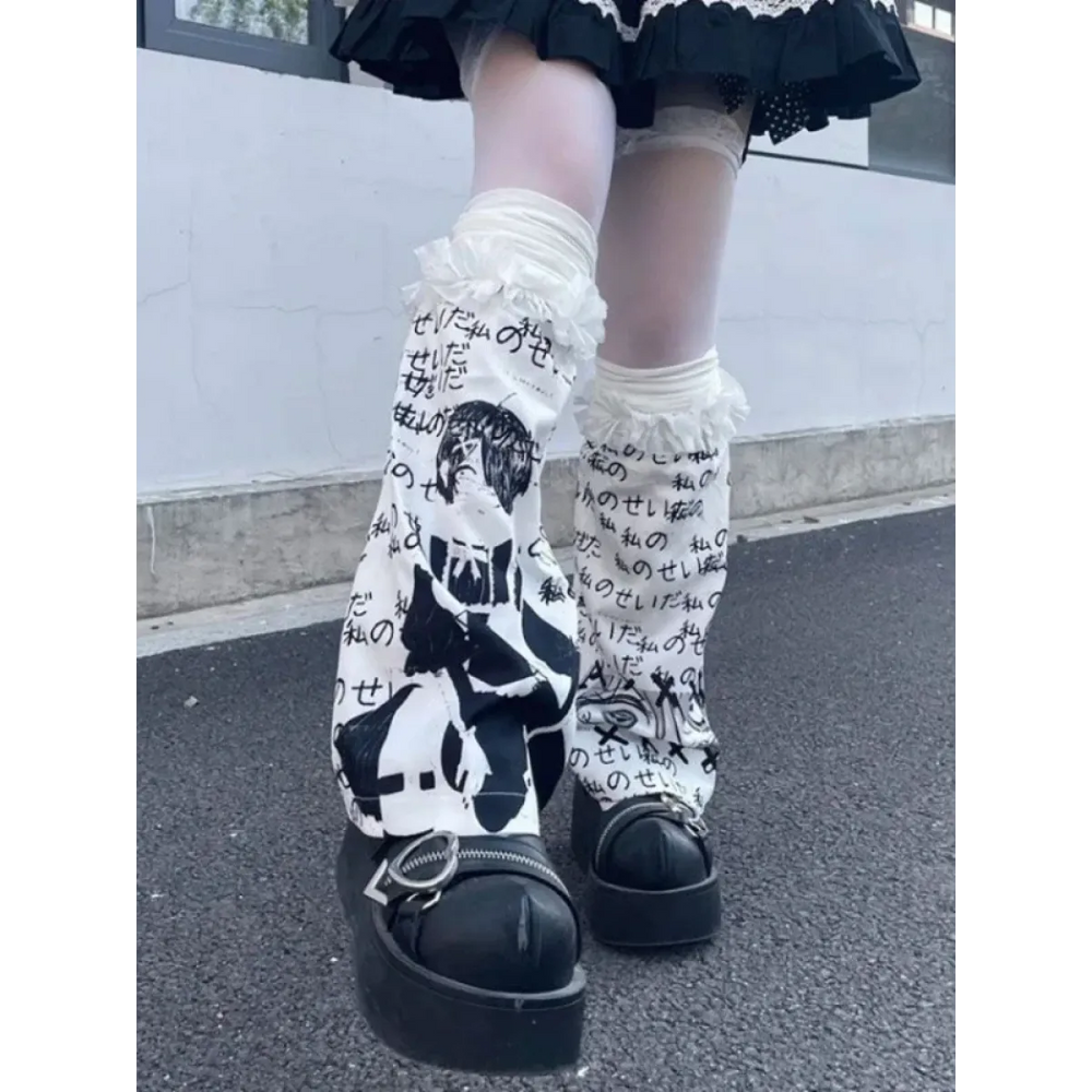 Black & White Harajuku Leg Warmers – Gothic Print & Lace Trim - Best Sellers - Leg Warmers - 1