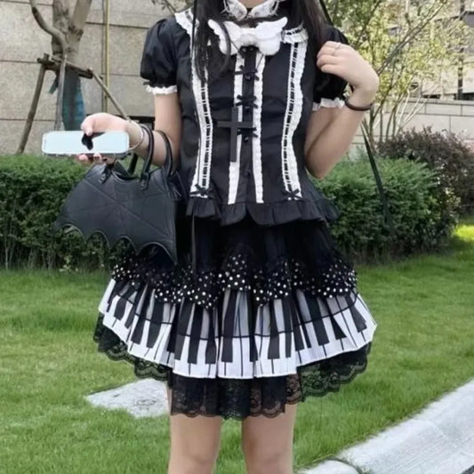 Piano Print Cake Skirt – Harajuku Punk Y2K Lace Trimmed - Best Sellers - Short - Skirts - 1