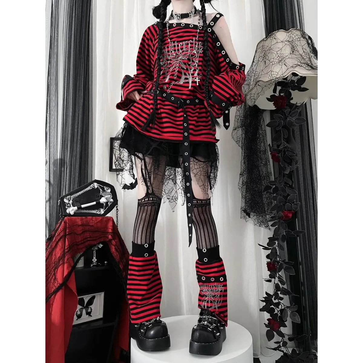 Striped Gothic Punk Top & Leg Warmers – Harajuku Y2K Grunge - Best Sellers - Long - Asymmetric - Clothing Sets - 1