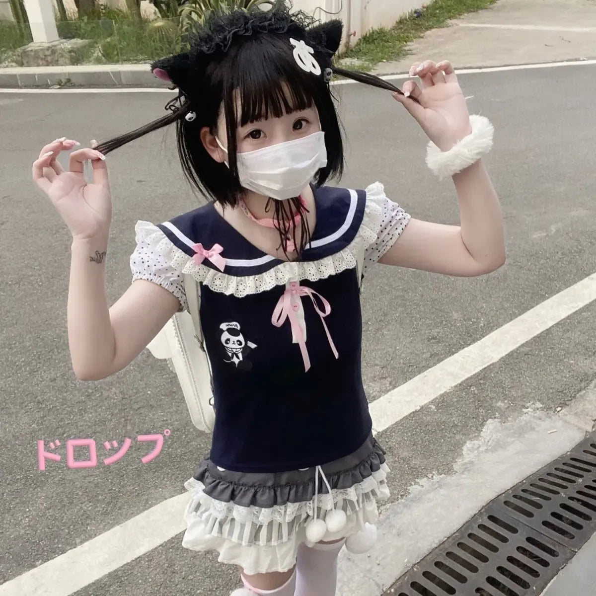 Kawaii Panda Embroidered Sailor Top – Harajuku Y2K Lace Tee - Best Sellers - Short - Round - Tops - 1