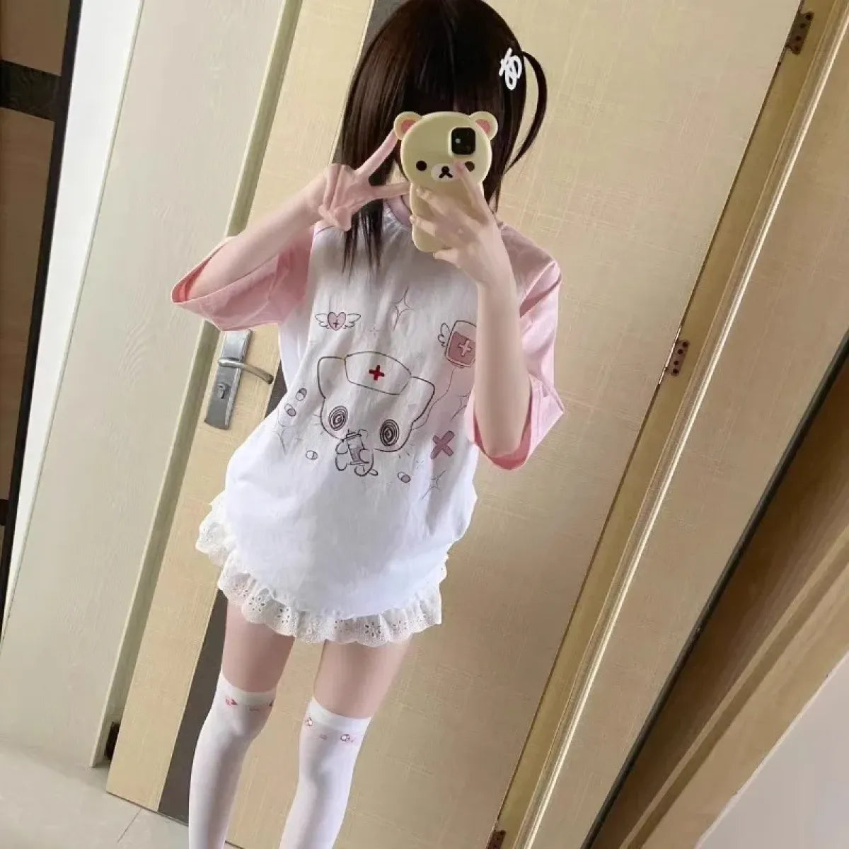 Kawaii Nurse Bear Oversized Tee – Harajuku Y2K Pastel Shirt - Best Sellers - 3/4 - Round - T-Shirts - 1