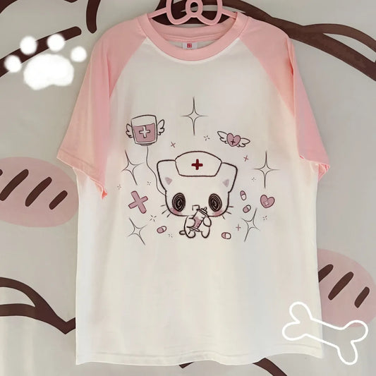 Kawaii Nurse Bear Oversized Tee – Harajuku Y2K Pastel Shirt - Best Sellers - 3/4 - Round - T-Shirts - 7