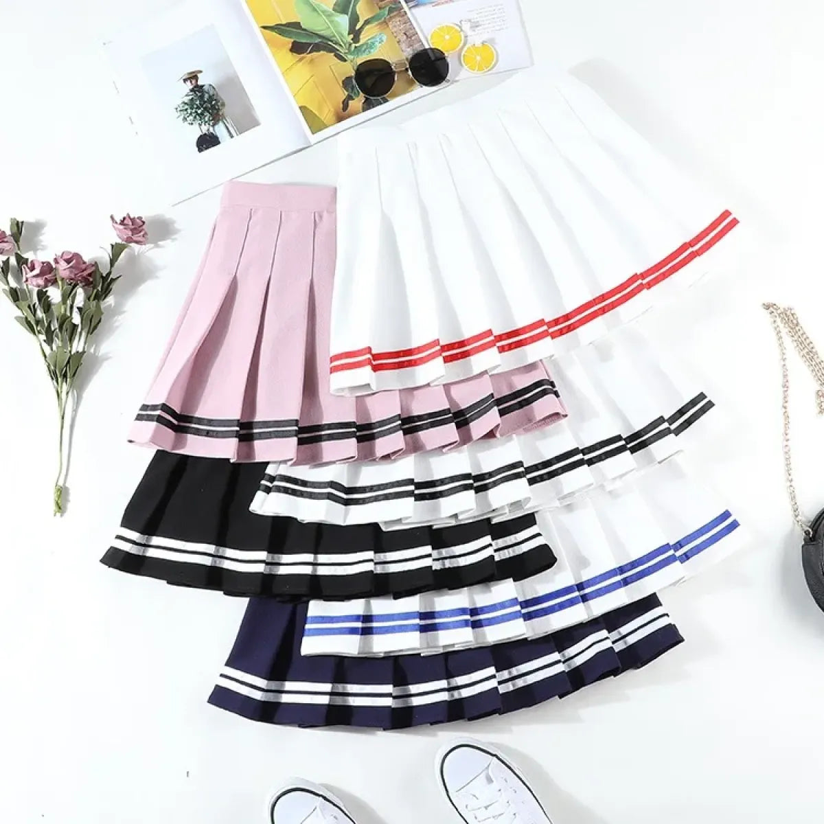 High Waist Korean Pleated Skirt – Patchwork Striped Tennis Skirt for Women - Best Sellers - Skirts - 1