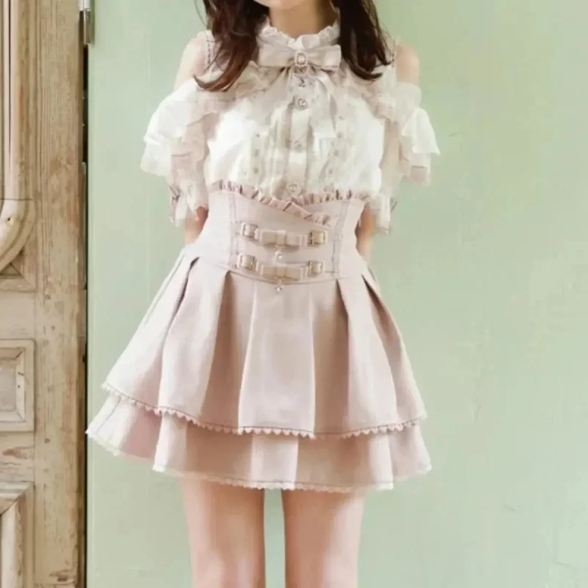 High Waist Bow Pleated Mini Skirt - Pink Lace A-line - Best Sellers - Mini Skirt - 1