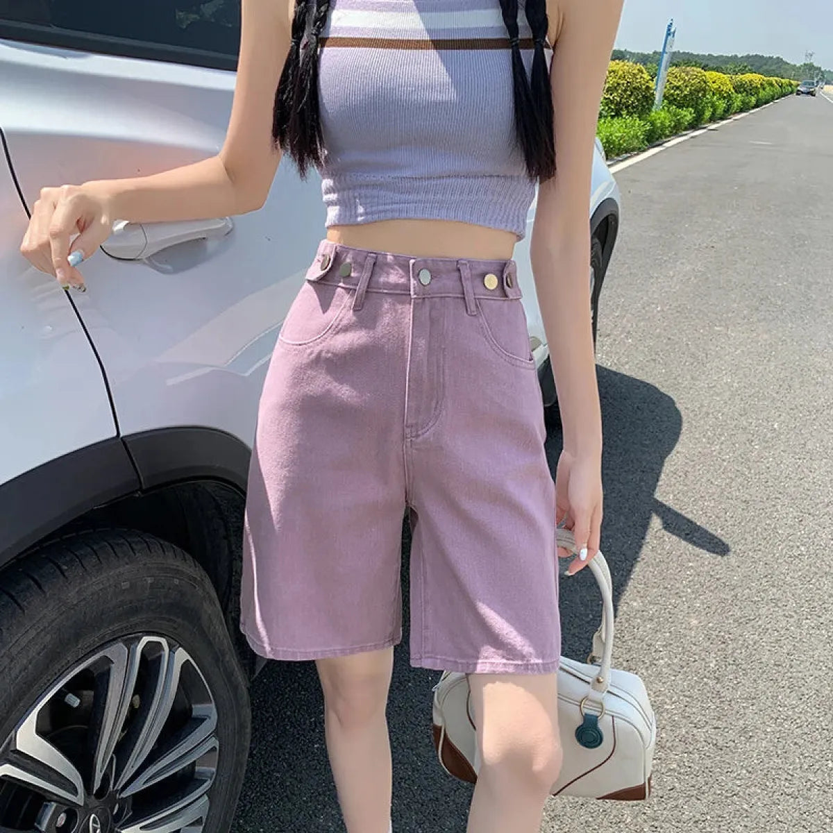 High Waist Purple Denim Bermuda Shorts - Best Sellers - Shorts - 1