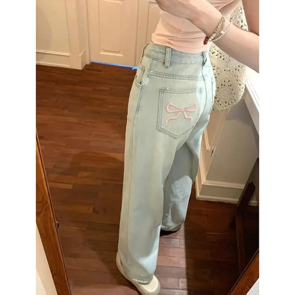 Wide Leg Jeans – High Waist Y2K Bow Embroidery - Best Sellers - Women’s Jeans - 1