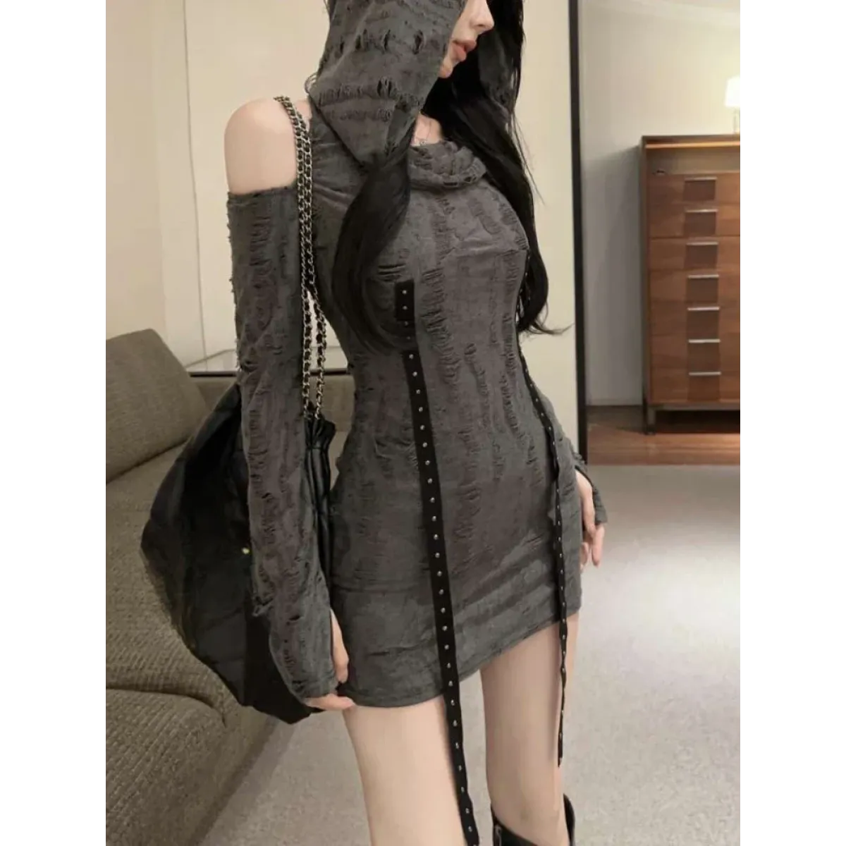 Hooded Gothic Dress – Distressed Slim High Street Style - All Dresses - Long - Round - Dresses - 1