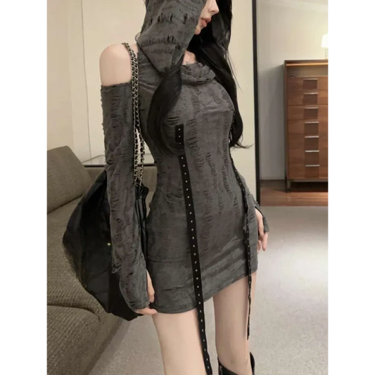 Hooded Gothic Dress – Distressed Slim High Street Style - All Dresses - Long - Round - Dresses - 1