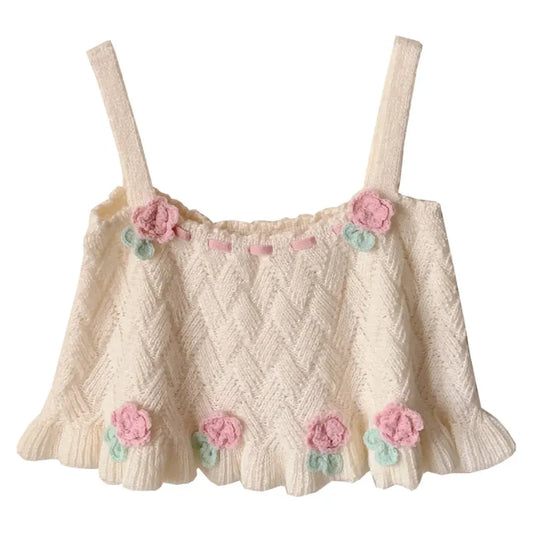Chic Japanese Kawaii Flower Embroidery Knit Tank Top - Best Sellers - 7