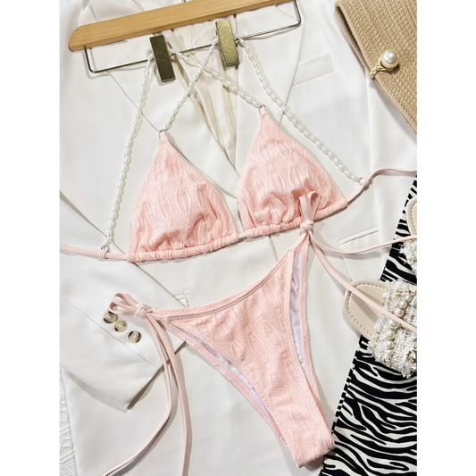 Pearl Halter Knit Bikini Set – Kawaii Beach Swimwear - Best Sellers - Strapless - Swimwear - 1