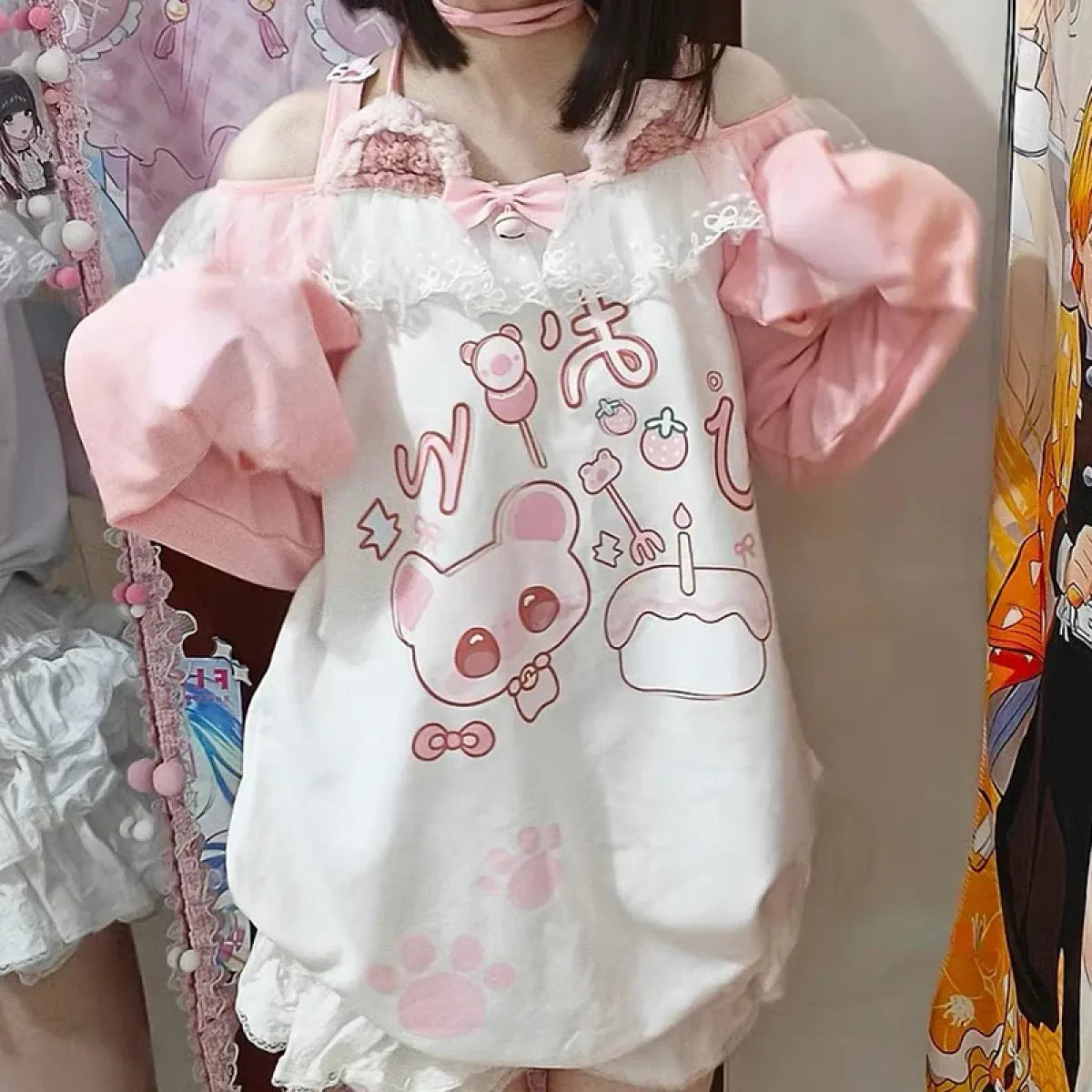 Kawaii Bear Print Top – Harajuku Pastel Yume Cute Aesthetic - Best Sellers - Long - Off-Shoulder - T-Shirts - 1