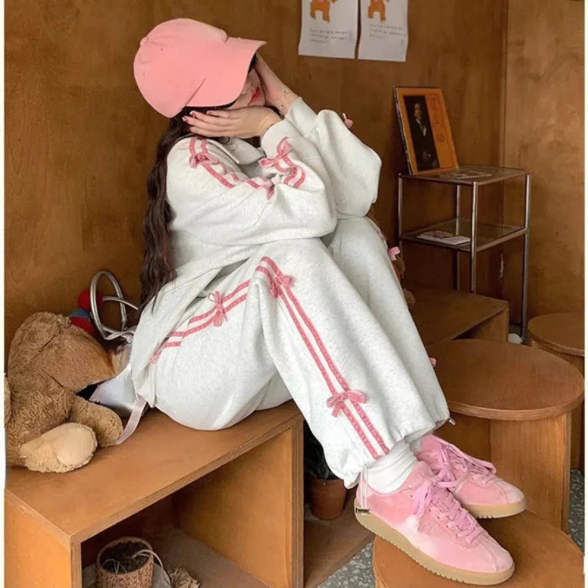 Kawaii Bow Tracksuit – Striped Sweatshirt & Casual Pants - Best Sellers - Clothing Sets - 1