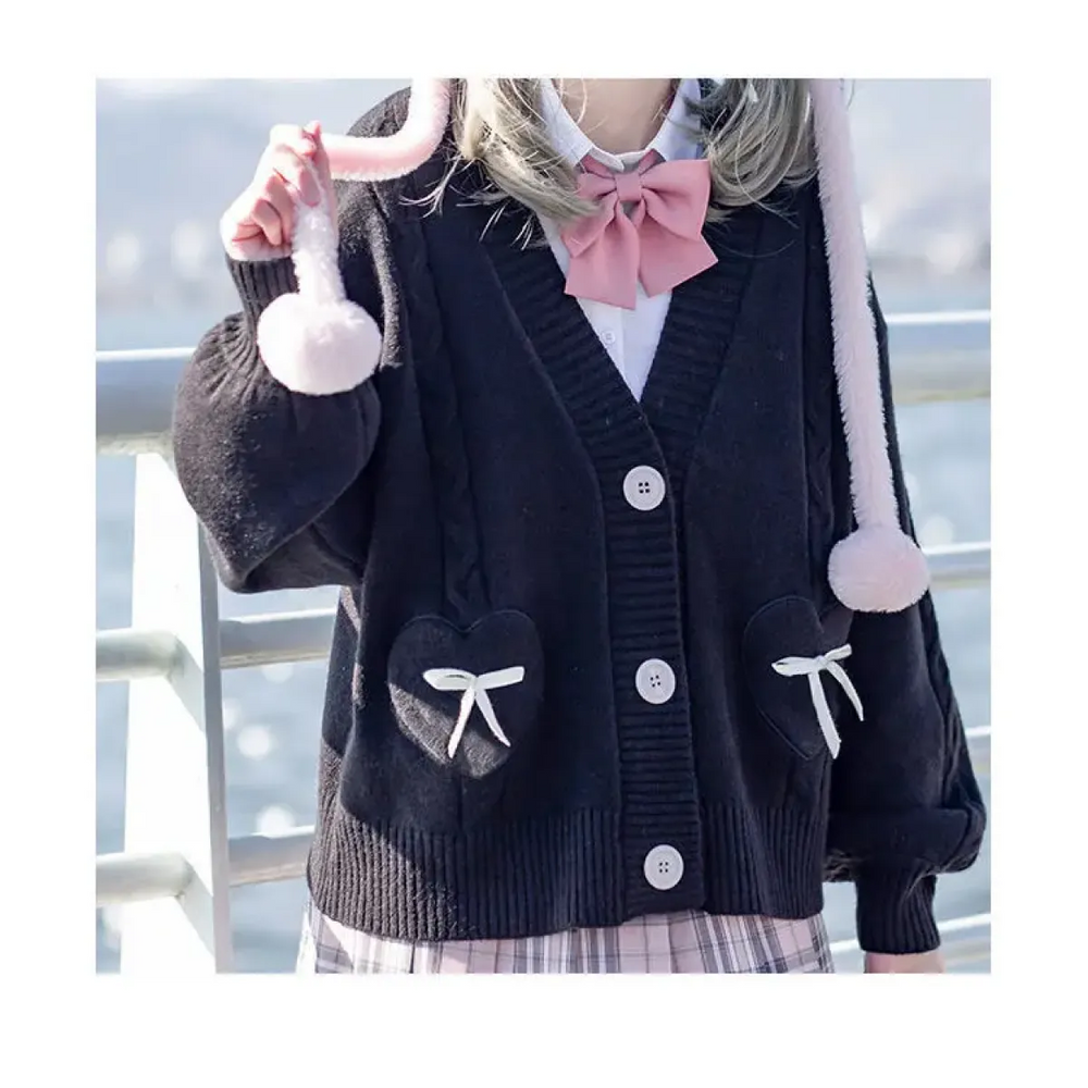 Kawaii Knitted Cardigan – Women’s Heart Pocket Bow Sweater - Best Sellers - Long - Shirt - Cardigans - 1