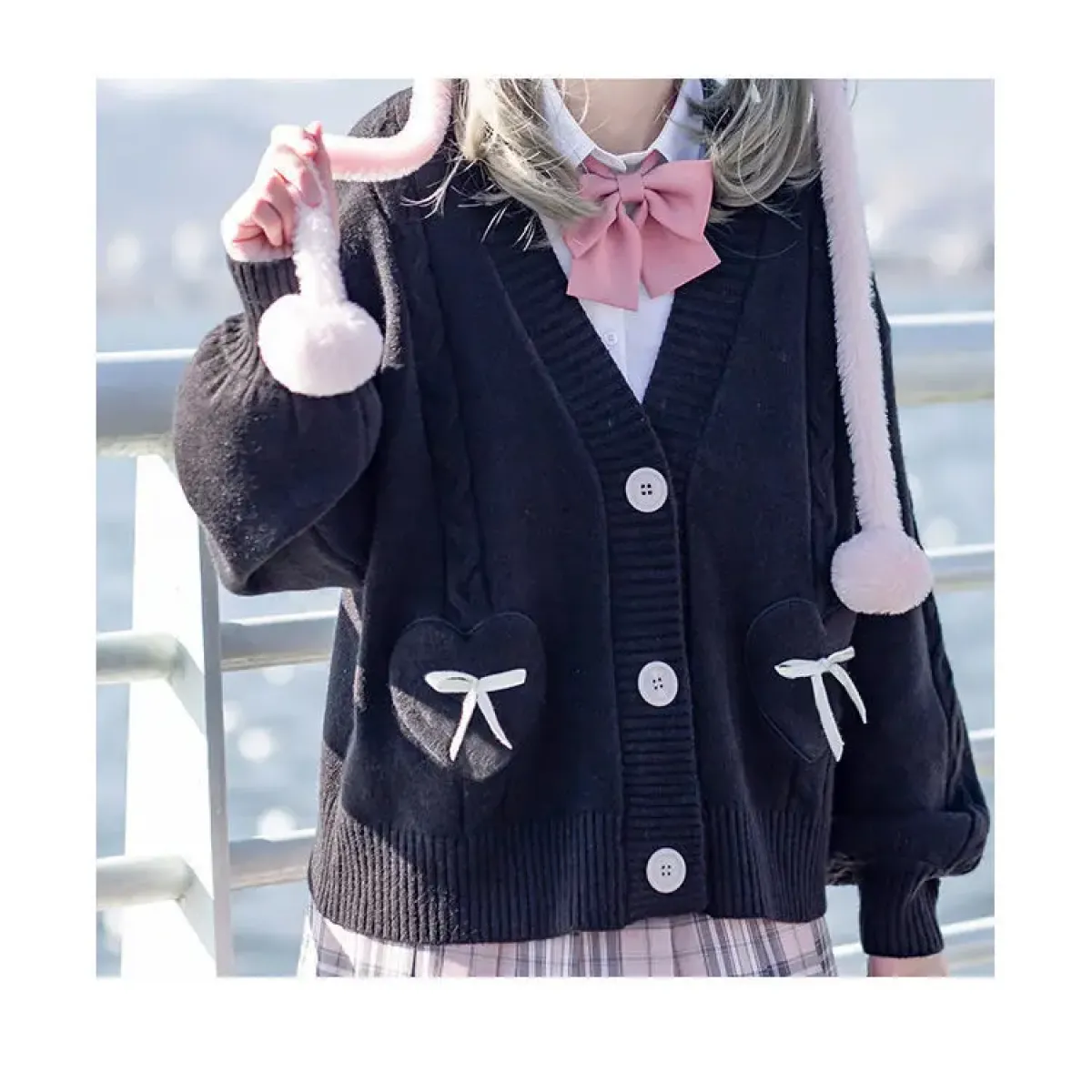 Kawaii Knitted Cardigan – Women’s Heart Pocket Bow Sweater - Best Sellers - Long - Shirt - Cardigans - 1