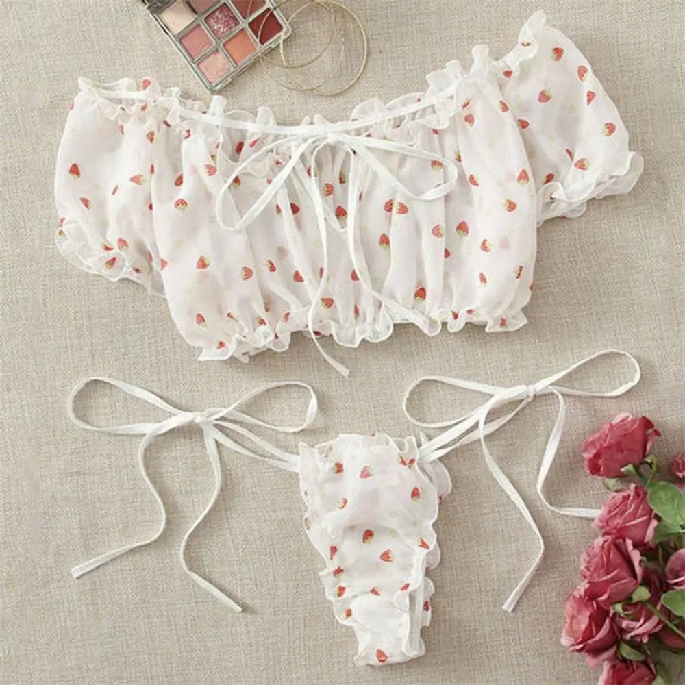 Off Shoulder Kawaii Lingerie Set - Cute Strawberry Print Bra with Ruffles - TikTok Favorites - Lingerie - 1