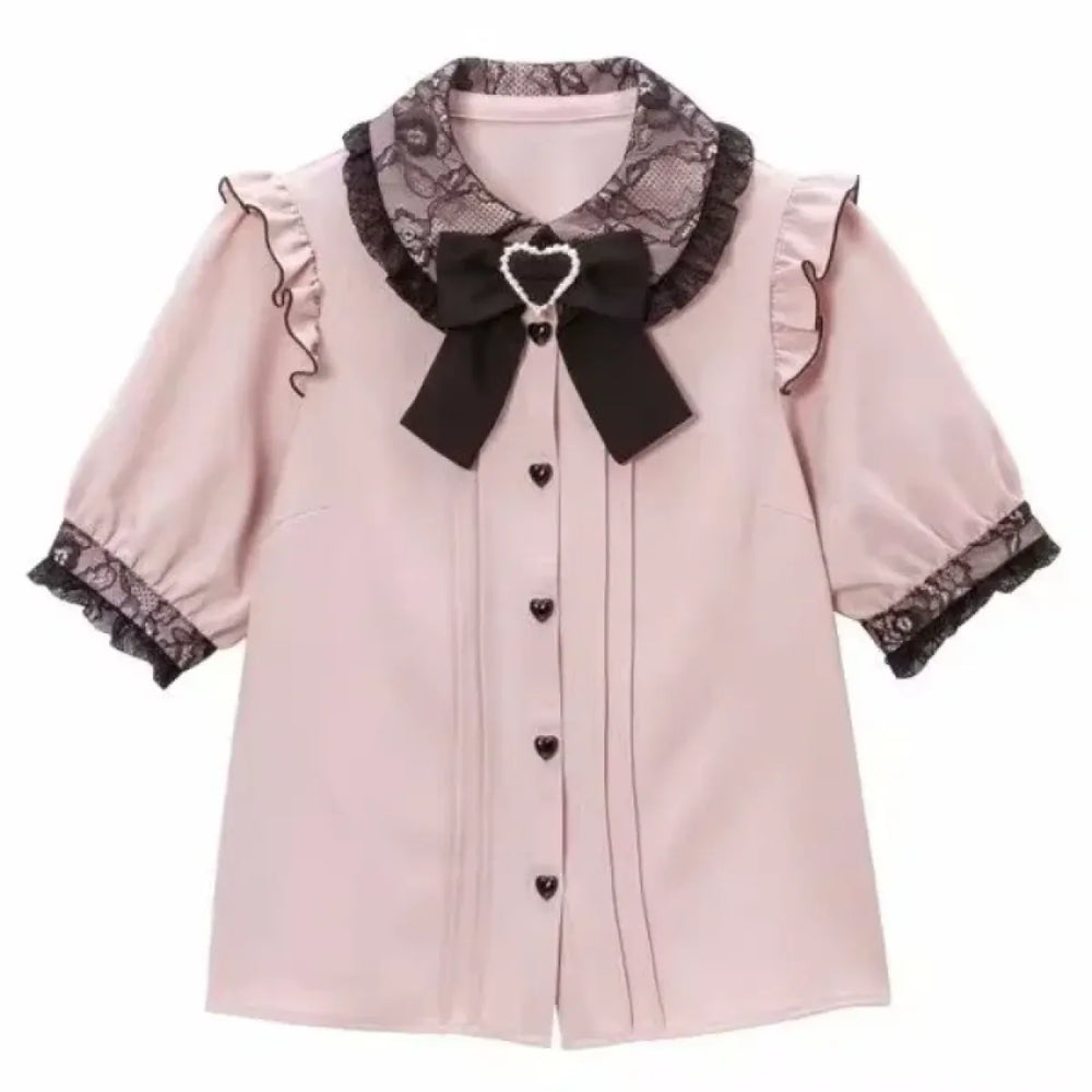 Kawaii Lolita Lace Blouse – Y2K Grunge Bow Shirt with Heart Buttons - Best Sellers - Short - Blouses - 1