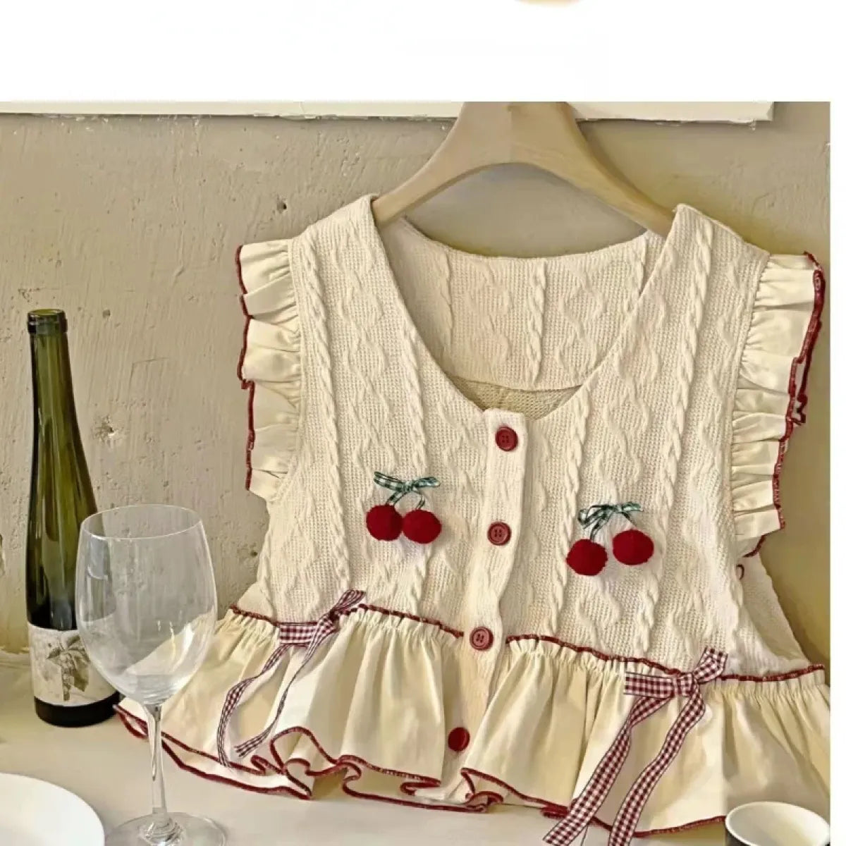 Kawaii Patchwork Cherry Bow Knit Sweater Vest - Best Sellers - 3