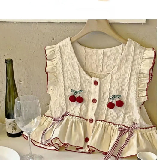 Kawaii Patchwork Cherry Bow Knit Sweater Vest - Best Sellers - 3