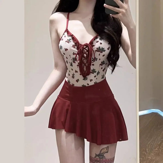Cherry Print Lace-Up Swimsuit – Kawaii Pleated Skirt Bikini Set - Best Sellers - Sleeveless - Swimwear - 1