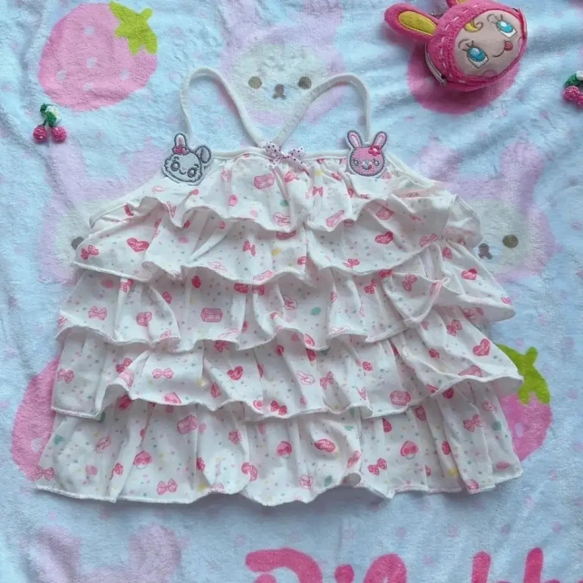 White Kawaii Ruffle Camisole – Bunny Embroidery & Bow Print - Best Sellers - Camisole - 1