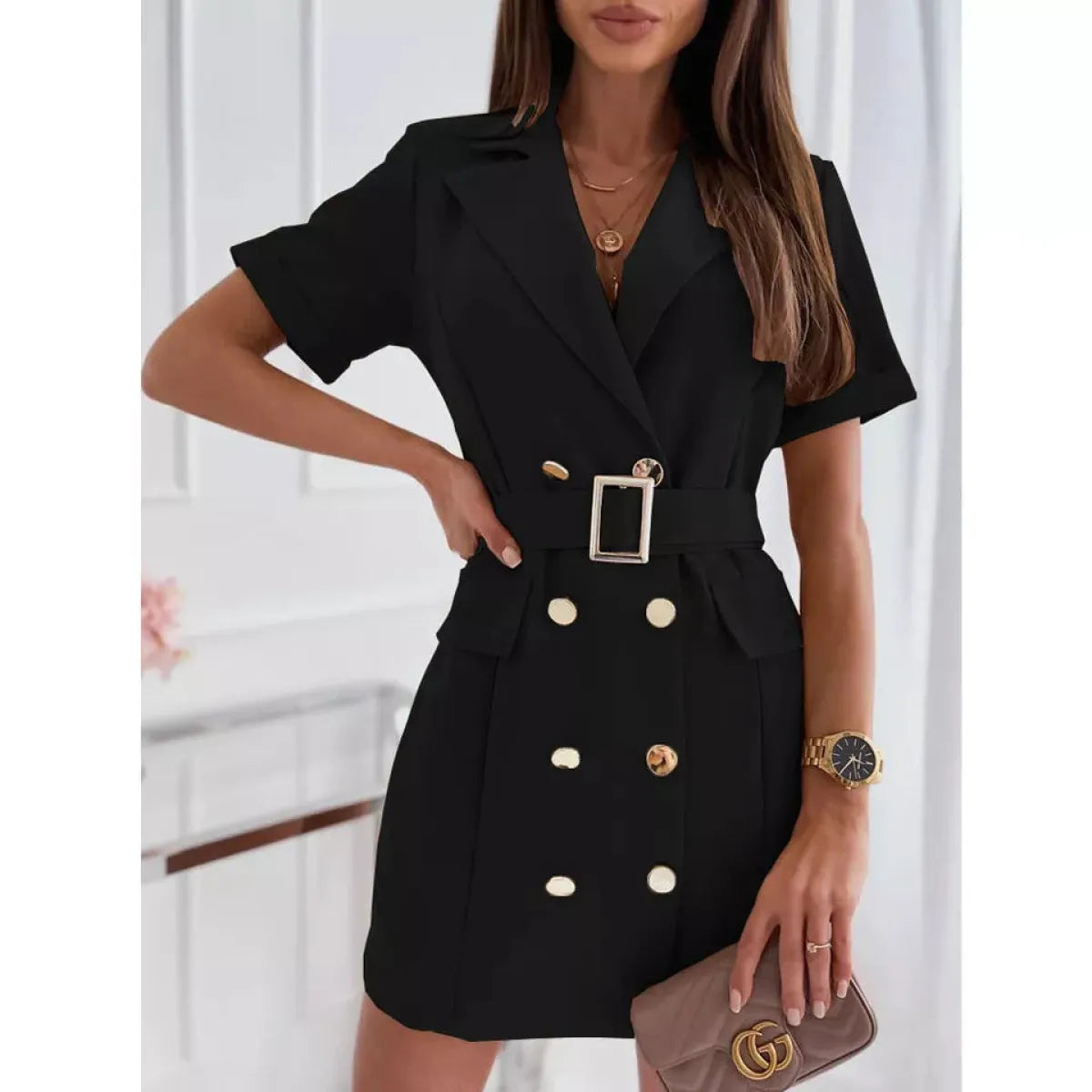 Chic Blazer-Inspired Cinched Waist Mini Dress - All Dresses - 7