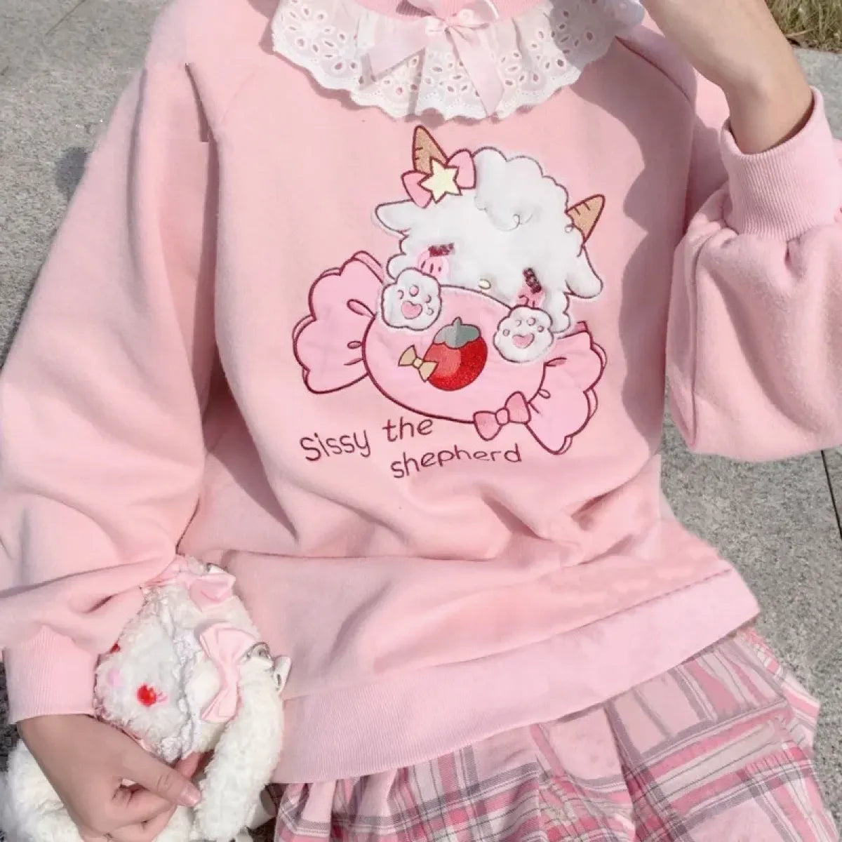 Lace Collar Lamb Candy Embroidered Kawaii Sweatshirt - Best Sellers - Sweatshirt - 1