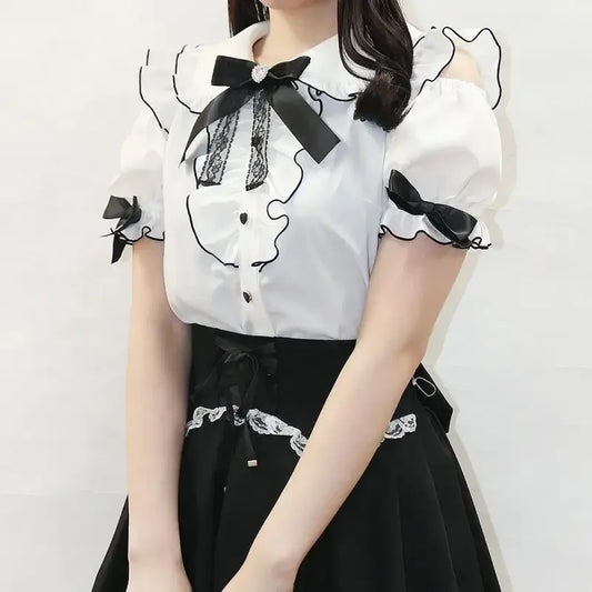 Sweet Lolita Ruffled Blouse - Bow Top Kawaii Y2K Aesthetic - Early Spring Collection - Short - Shirt - Blouses - 7