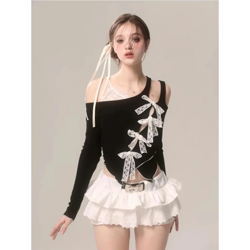 Lace Bow Cutout Top – Kawaii Y2K Harajuku Aesthetic - Best Sellers - Long - Asymmetric - Blouses - 1