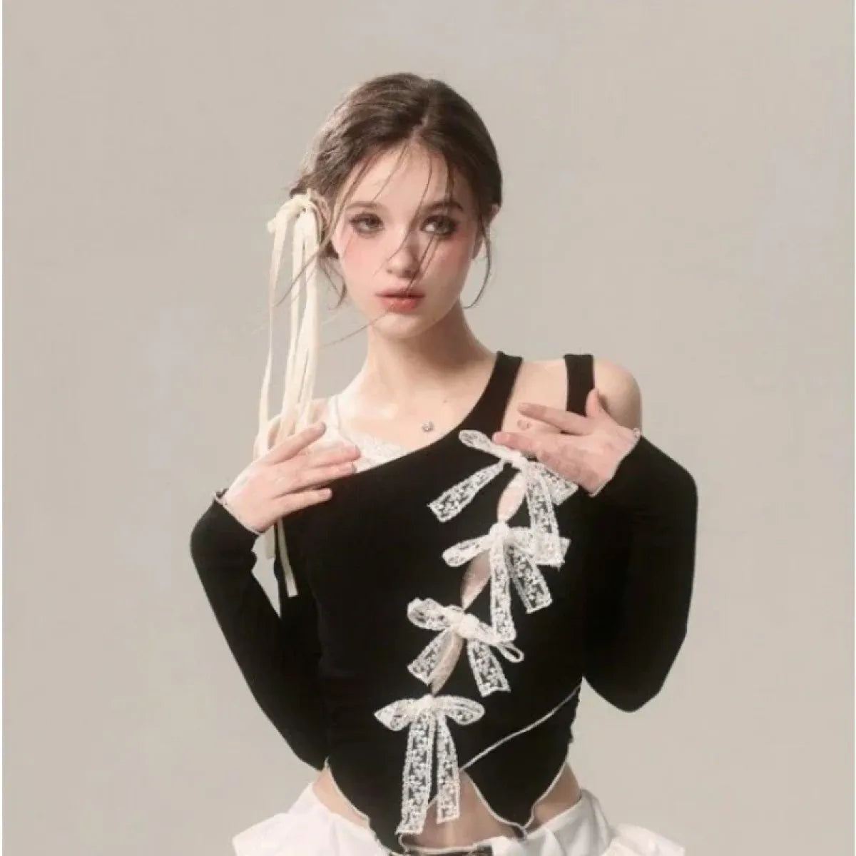 Lace Bow Cutout Top – Kawaii Y2K Harajuku Aesthetic - Best Sellers - Long - Asymmetric - Blouses - 7
