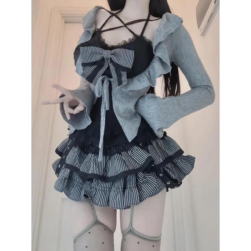 Ruffle Cardigan & Striped Skirt Set – Kawaii Y2K Lolita Chic - Best Sellers - Long - Square - Clothing Sets - 1