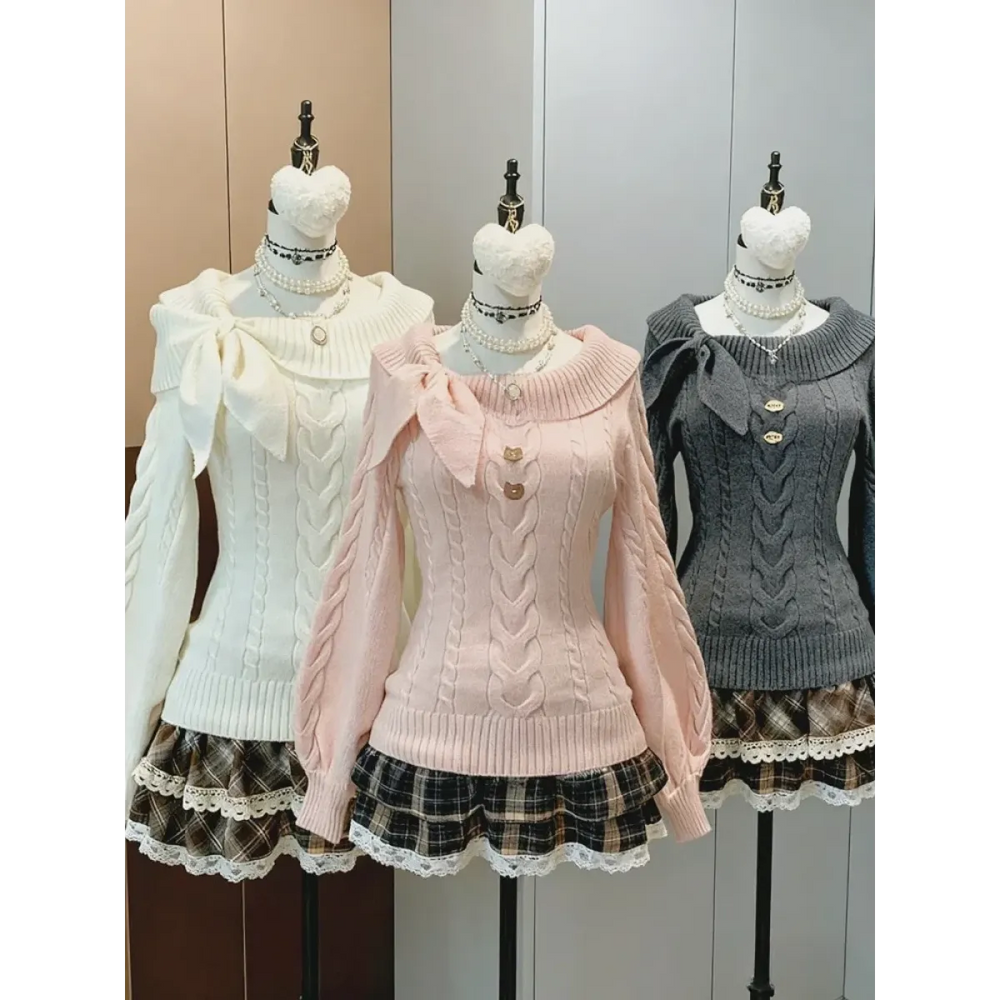Sweet Bow Lace Knit Pullover Sweater - Best Sellers - Sweater / Pullover - 1
