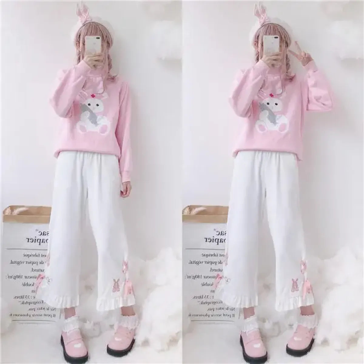 Korean Black Bunny Print Wide Leg Pants - Best Sellers - 1