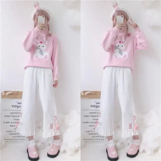 Korean Black Bunny Print Wide Leg Pants - Best Sellers - 1