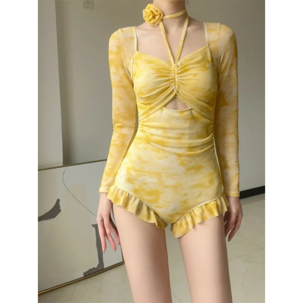 3D Floral Ruffle One-Piece – Korean Long Sleeve Beach Bodysuit - Best Sellers - Long - Swimwear - 1