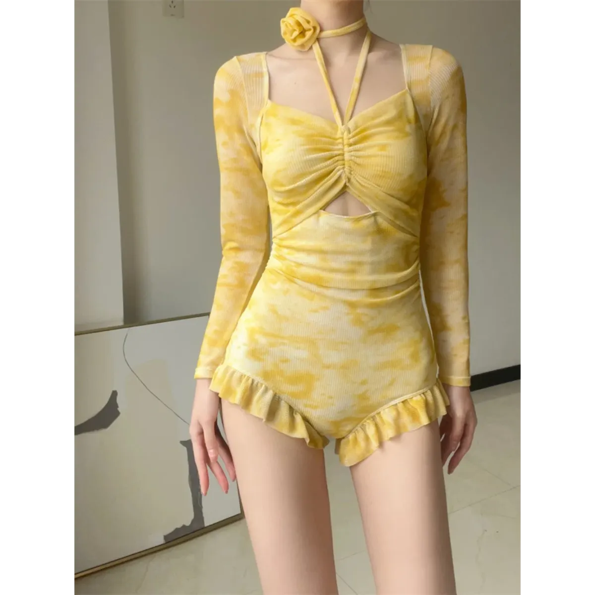 3D Floral Ruffle One-Piece – Korean Long Sleeve Beach Bodysuit - Best Sellers - Long - Swimwear - 1