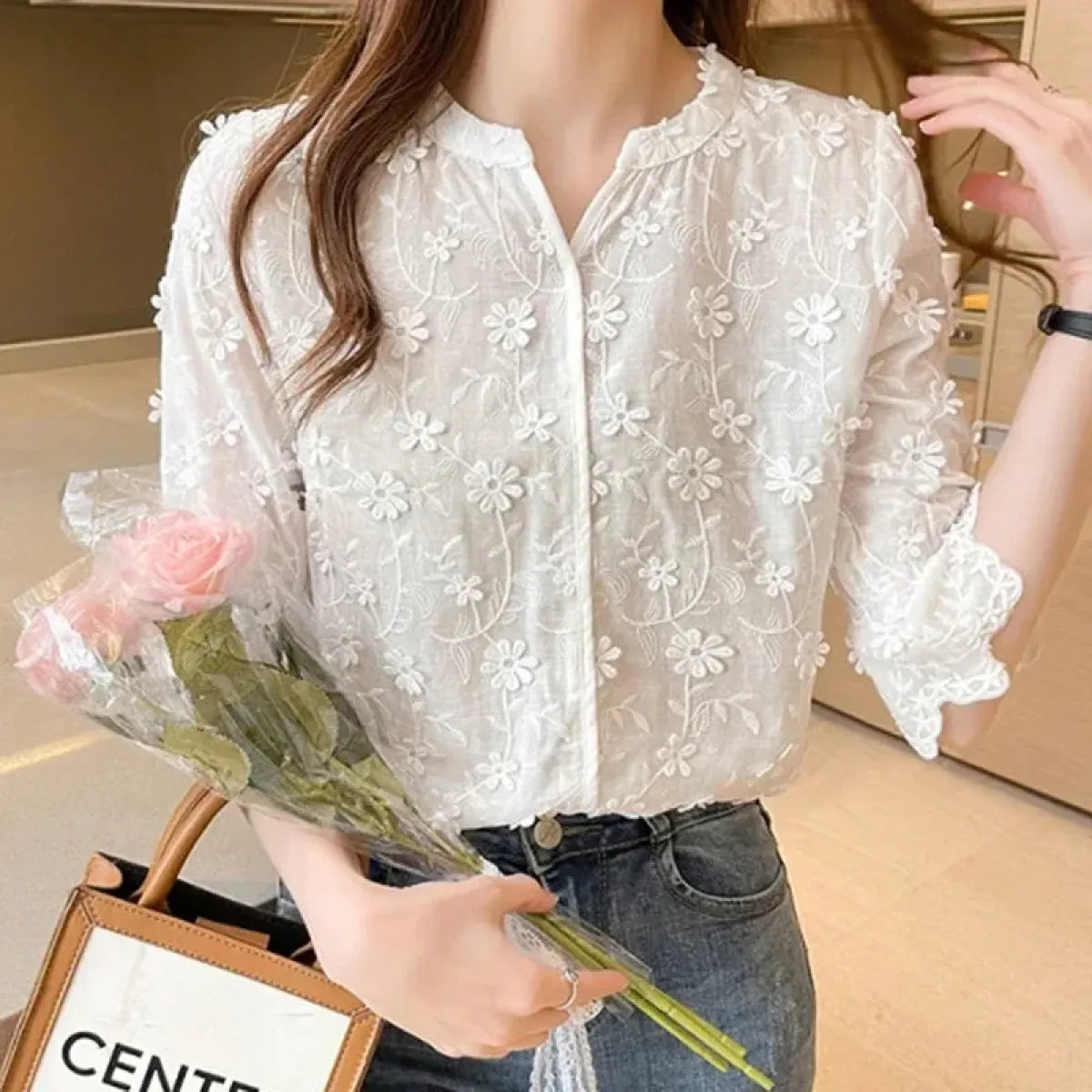 Embroidered Floral Lace Blouse with Puff Sleeves - Best Sellers - Blouse - 1