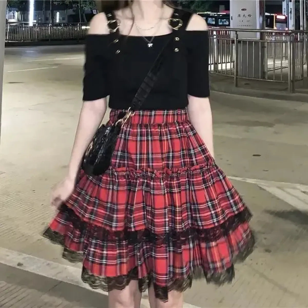 Lace Gothic Y2K Mini Skirt - High Waist Plaid A-line Red Skirt - Best Sellers - 1