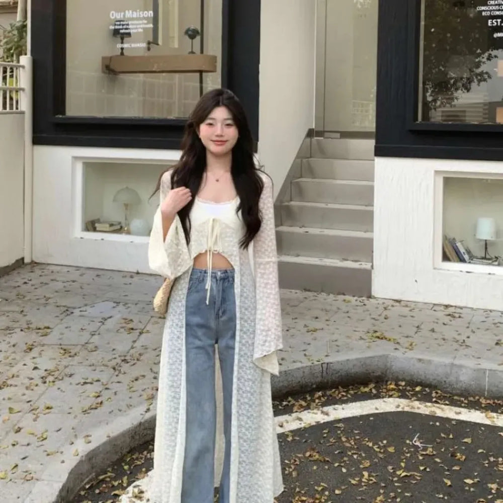 Lace Knit Longline Cardigan - Y2K Oversized Style - Best Sellers - Cardigan - 1