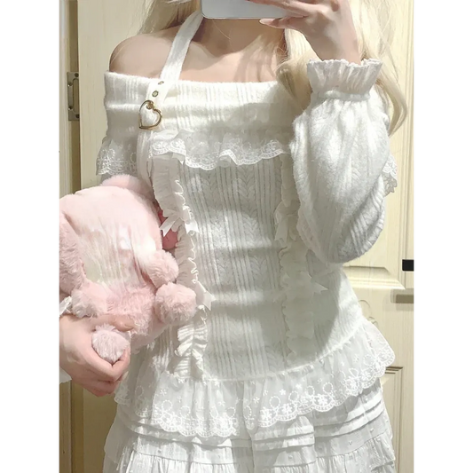 Kawaii Lace Patchwork Knit Top – Halter Neck Lolita Sweater - Best Sellers - Long - Off-Shoulder - Crop Tops - 24
