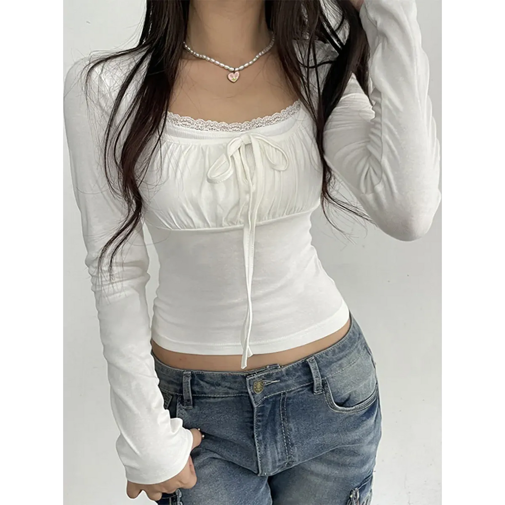 Lace Trim Long Sleeve Top - Ruched Tie-Up T-Shirt - Early Spring Collection - Long - Scoop - T-Shirts - 1