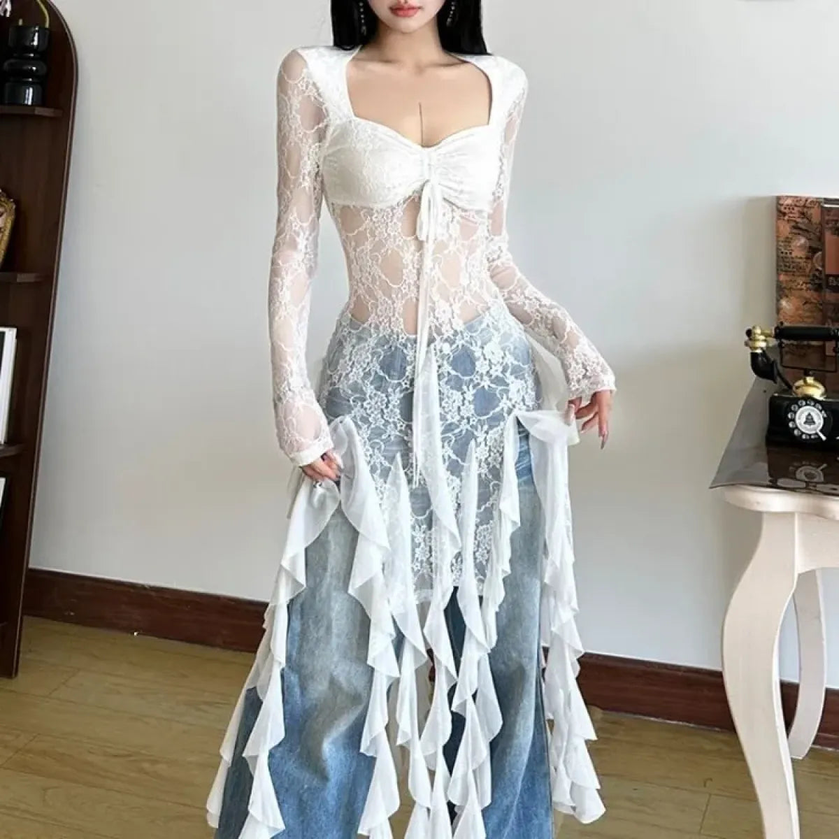 Sheer Lace Mesh Patchwork Long Sleeve Top - Best Sellers - T-Shirt - 1