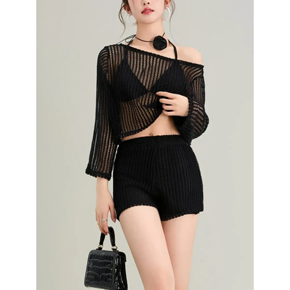 White Hollow-Out Long Sleeve High Waist Swimsuit Set - Best Sellers - Swimsuits - 1
